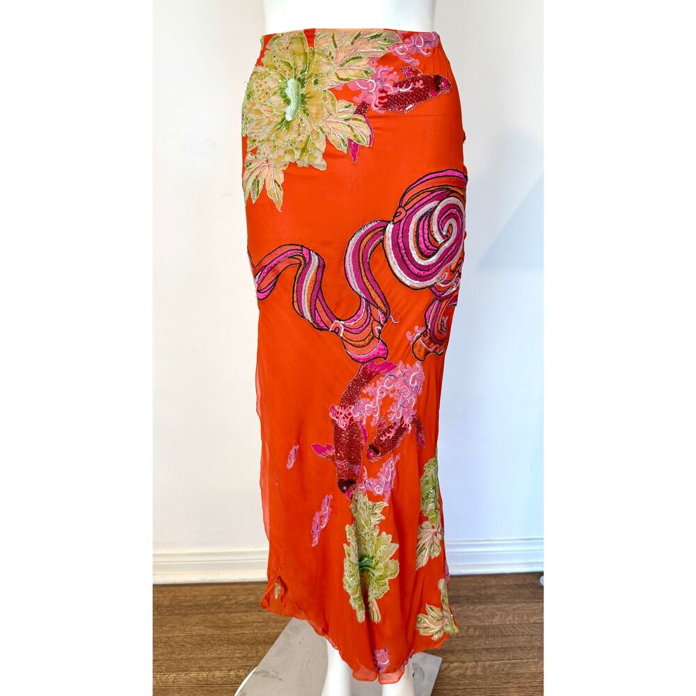 S/S 2004 Emanuel Ungaro Embroided Floral Koi Orange Maxi Skirt